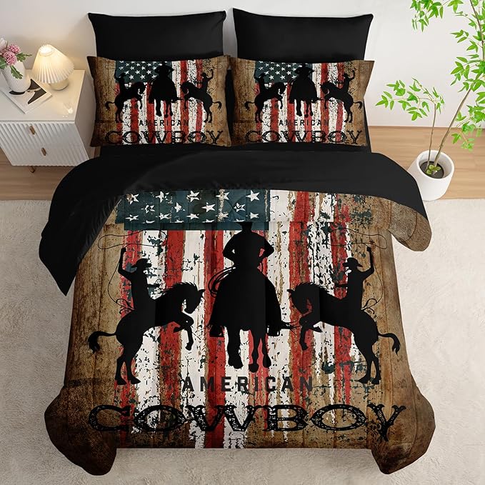 AILONEN Western Cowboy Comforter Set Full Size,7-Piece Rodeo Cowboy Riding Bull Bed in a Bag,United States Retro Country Style Comforter & Fitted Sheet & Flat Sheet & 2 Pillowcases,Soft Microfiber