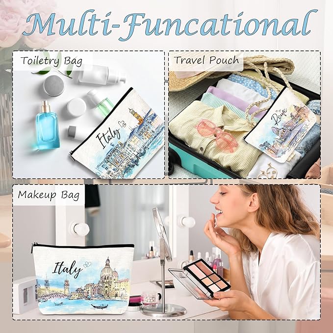Italy Travel Essentials Gifts - 4Pcs Italy Themed Makeup Bag, Italy City Travel Watercolor Cosmetic Bags with Zipper, Italy Vacation Trip Gifts for Italy Lovers Travellers Women Girls