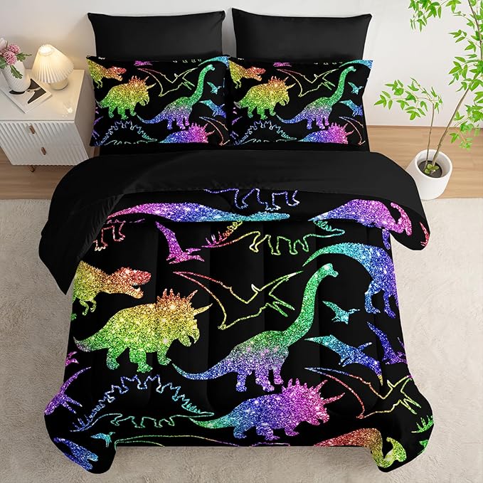 Rainbow Dinosaur Comforter Set (7 Piece) - Kids Bedding Black Dinosaur Duvet Set for Boys Girls Teens, Quilt Bed Set with 2 Pillow Shams, Flat Sheet & Fitted Sheet (Queen) - Room Decor Gifts