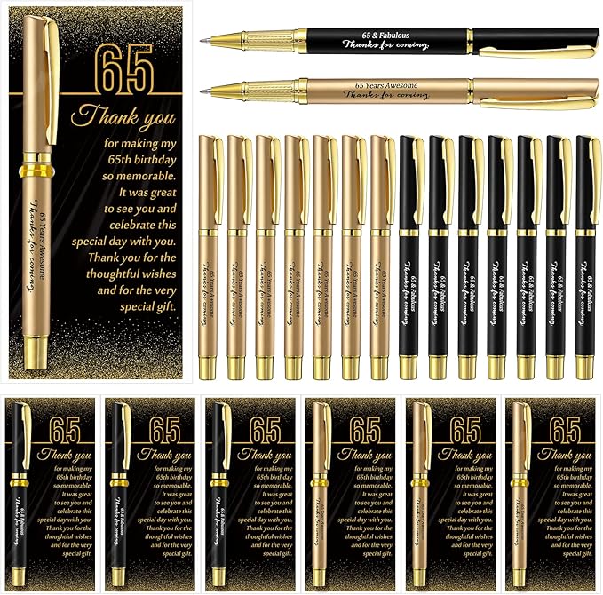 50 Set 65th Birthday Party Favor for Guest Anniversary Party Favor with Black and Gold Ballpoint Pens and Thank You Cards for Women Men Birthday Anniversary Appreciation Gifts