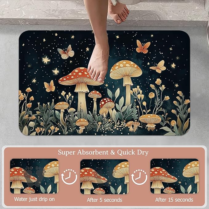 Diatomaceous Earth Bath Mat,Fantasy Mushroom Bath Rugs,Butterfly Stars Non-Slip Thin Absorbent Fast Drying Easy to Clean for Bathroom Laundry Home Kitchen Door Mat 17x29.5Inch