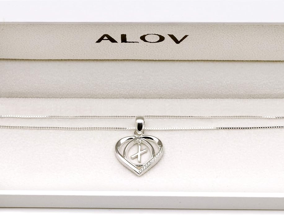 ALOV Jewelry Sterling Silver Initial Letter Alphabet Love Heart Cubic Zirconia Pendant Necklace