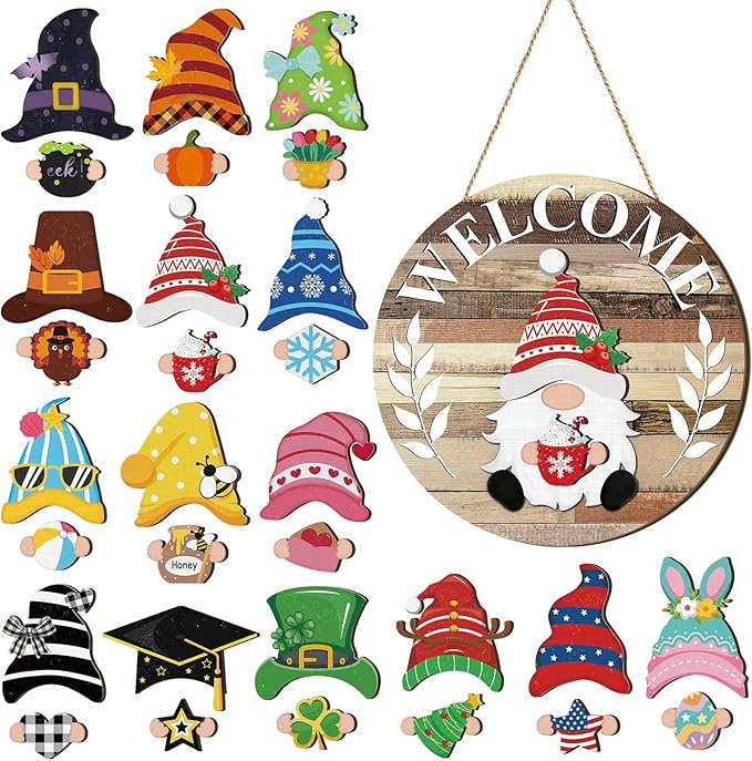 Qunclay Interchangeable Wooden Gnome Decor Holiday Seasonal Gnome Decorations with Magnet Pieces and Detachable Hats Changeable Welcome Sign for Home (Farmouse)