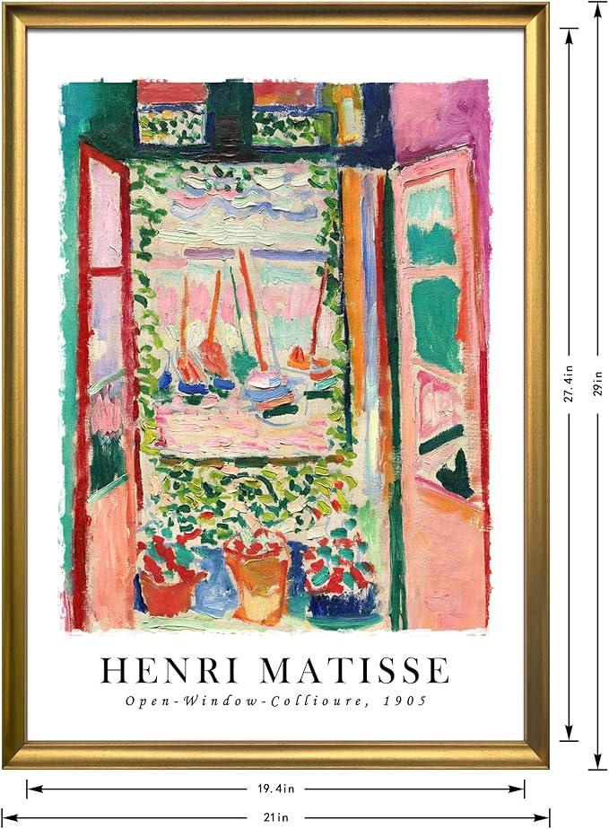Wieco Art Large Framed Wall Art Open Window Collioure 1905 by Henri Mattise Abstract Colorful Art Matisse Posters Canvas Prints for Wall and Home Office Decorations Bronze Gold Frame