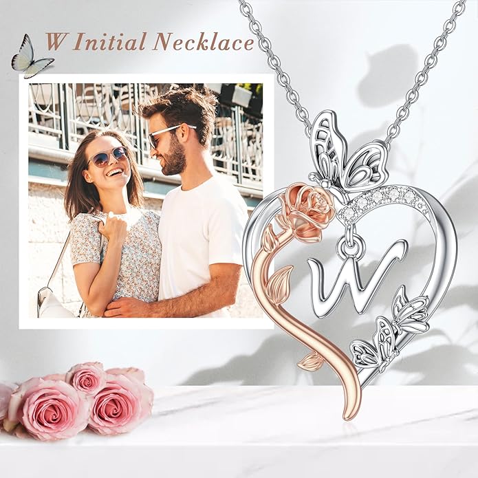 TOUPOP Rose Heart Necklaces Gifts for Women 925 Sterling Silver Butterfly Heart Initial Necklace Anniversary Valentines Day Birthday Jewelry Gifts for Mom Her Wife Girlfriend Daughter
