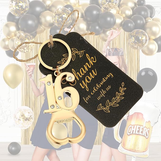 24 pcs 16th Gold Keychain Bottle Opener Birthday Party Favors for Guests,16th Beer Bottle Opener Favors Bulk for 16 Birthday Anniversary Souvenirs Party Decor Supplies (Gold 16th)