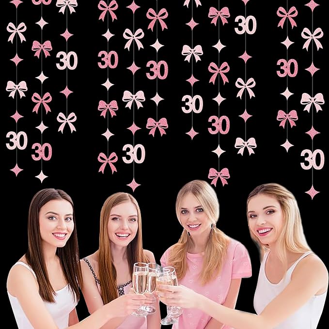 Glitter Pink 30th Bow Birthday Decorations Hot Pink Conquette Bow Garland Streamer Banner Backdrop for Womens Happy 30th Birthday Dirty Thirty Cheers to 30 Years Old Anniversary Party Supplies