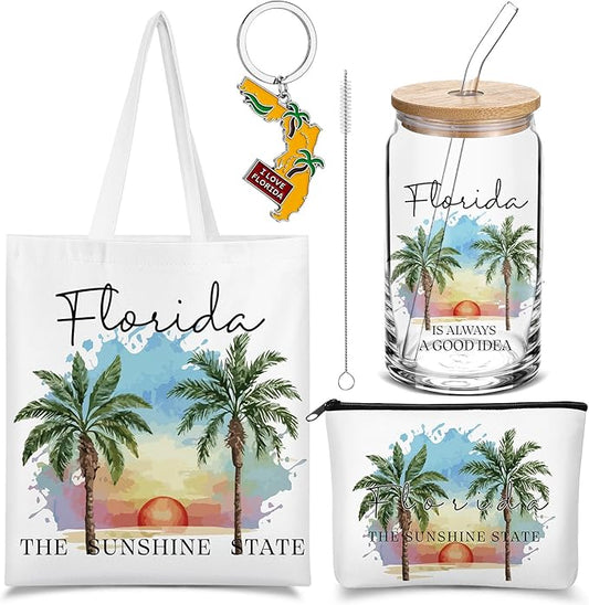 Chuangdi 4 Pcs Florida Travel Gifts Set Canvas Bag Cosmetic bag 16 oz Tumbler and Keychain Florida City Souvenirs for Christmas Traveler Friend Lover Sister Gifts