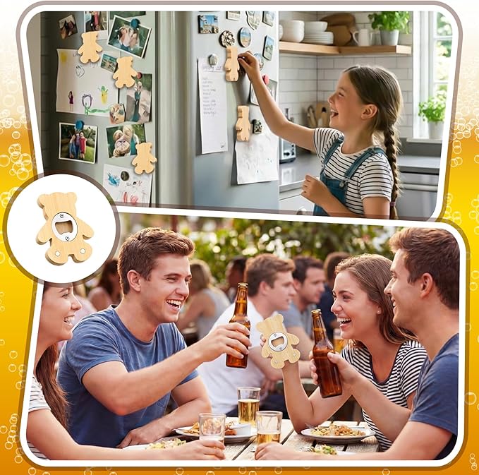Vesici 24 Pcs Magnetic Bottle Opener 2.5" DIY Bamboo Bear Shape Baby Shower Bottle Opener Favors Wooden Beer Openers Fridge Refrigerator Magnet Gift for Baby Shower Guests Wedding Party Souvenirs
