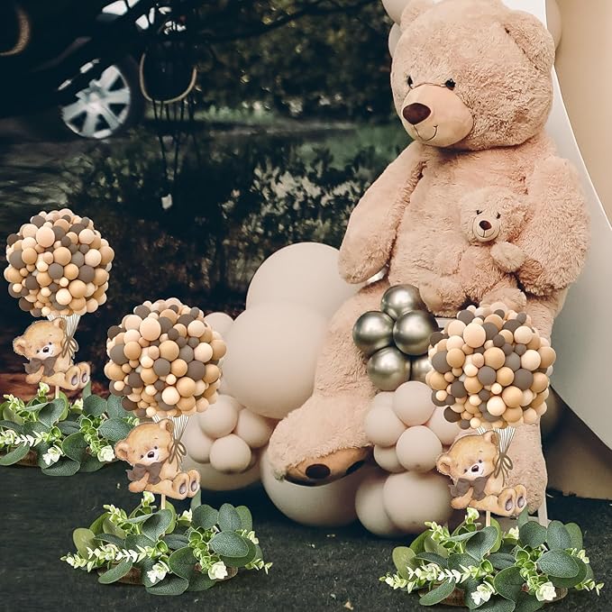 12 Set Baby Shower Bear Table Centerpieces Decortion Brown Bear with Eucalyptus Wreath Wood Slices Welcome Baby Table Topper for Gender Reveal Boy Or Girl Party Favor