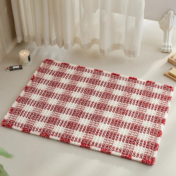 Waffle Bath Mat, Boho Christmas Bathroom Rugs Non Slip Washable Absorbent Checkered Bathroom Mat Quick Dry Cute Bath Mat, 36"x24" Red and White