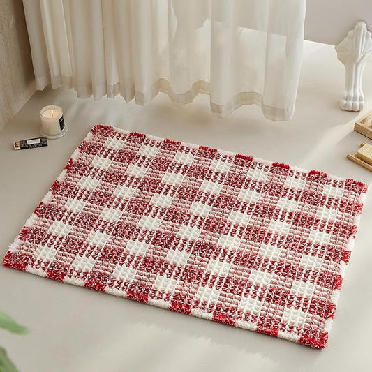 Waffle Bath Mat, Boho Christmas Bathroom Rugs Non Slip Washable Absorbent Checkered Bathroom Mat Quick Dry Cute Bath Mat, 36"x24" Red and White