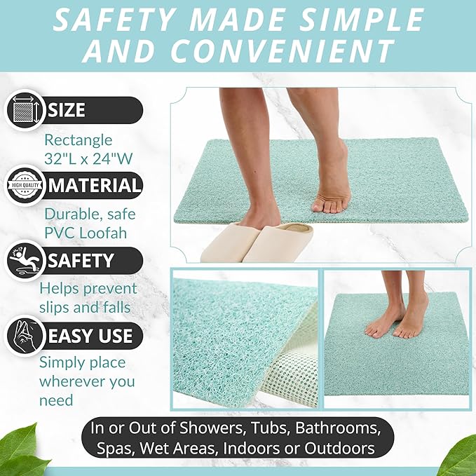 Enkosi Loofah Non-Slip Shower Mat - Shower Floors, Bathtub, Bathrooms, Wet Areas - Cushioned Bath Mat with Drain Holes - Quick Dry PVC, Secure Safety Pad Without Suction Cups (32x24 Aqua Green)