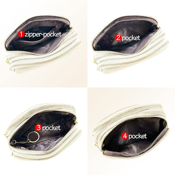 LINNO 3 Zippered Genuine Leather Coin Purse Triple Capacity Change Pouch Little Travel Wallet With Key Ring for Women