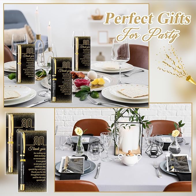 50 Set 80th Birthday Party Favor for Guest Anniversary Party Favor with Black and Gold Ballpoint Pens and Thank You Cards for Women Men Birthday Anniversary Appreciation Gifts