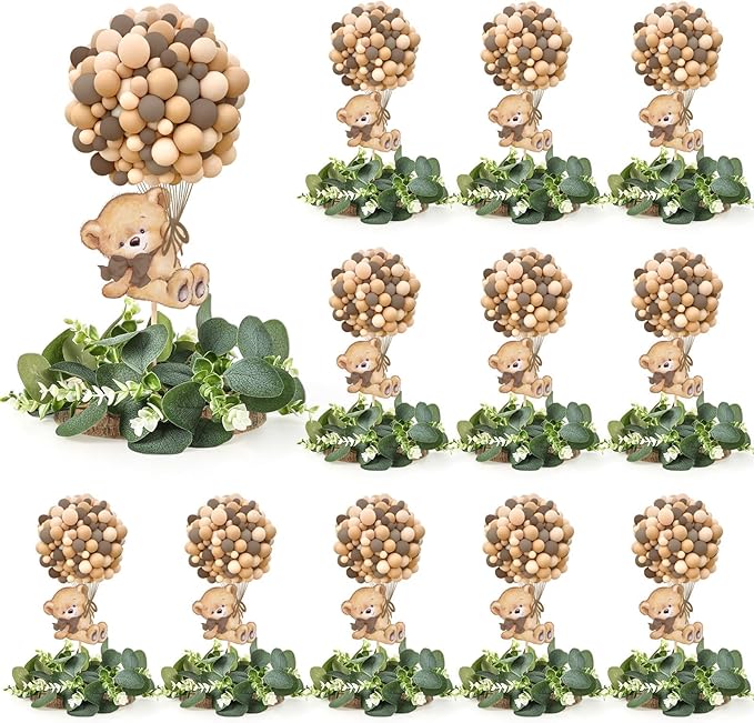 12 Set Baby Shower Bear Table Centerpieces Decortion Brown Bear with Eucalyptus Wreath Wood Slices Welcome Baby Table Topper for Gender Reveal Boy Or Girl Party Favor