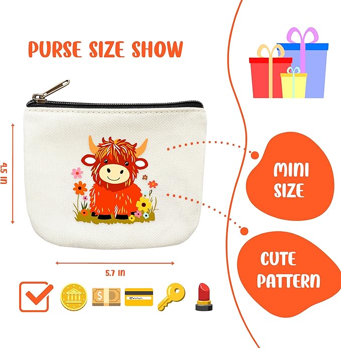 Highland Cow Coin Purse Pouch Bag Holder for Teens Girls Women Kids, Animal Lovers Gifts Stuff Decor, Small Mini Purse Coin Card Key Headset Lipstick!