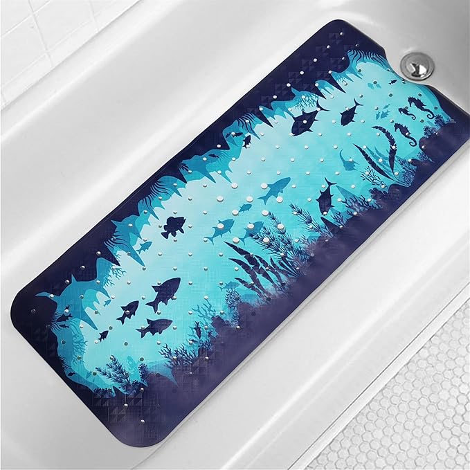 Blue Bathtub Mat Non Slip 40x16in Extra Long Bath Mat for Tub Funny Cute Ocean Animals Anti Slip Shower Mat for Bathroom with Large Drain Holes and Suction Cups Quality Bath Mats and Bathtub Decor