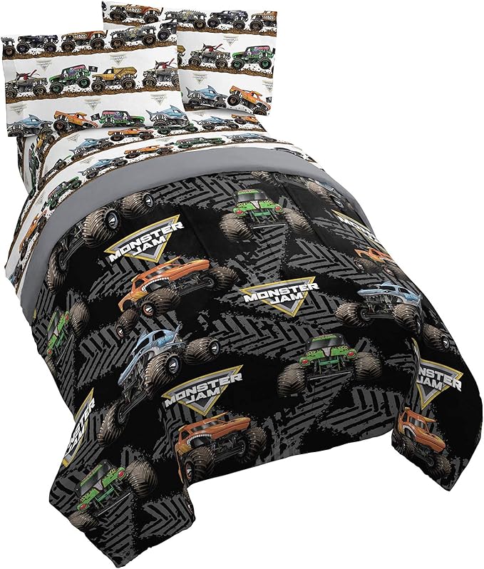 Jay franco Monster Jam Tracks 4 Piece Twin Bed Set - Includes Comforter & Sheet Set - Bedding Features Grave Digger & Megalodon - Super Soft Fade Resistant Microfiber (Official Monster Jam Product)