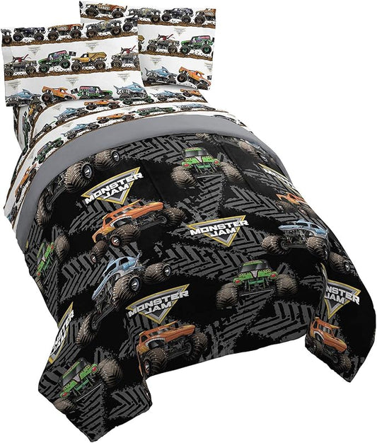 Jay franco Monster Jam Tracks 4 Piece Twin Bed Set - Includes Comforter & Sheet Set - Bedding Features Grave Digger & Megalodon - Super Soft Fade Resistant Microfiber (Official Monster Jam Product)
