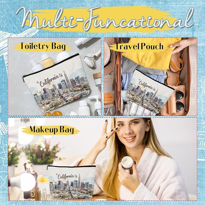 California Travel Gift Souvenirs - California Travel Essentials Makeup Bag, California City Travel Watercolor Cosmetic Bags, California Theme Gifts for California Lovers Women Girls