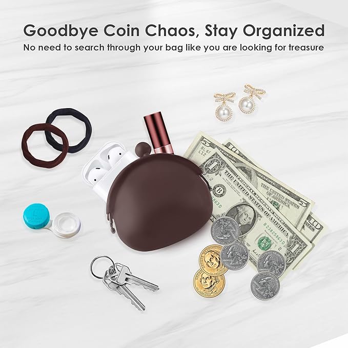 Coin Purse for Women – Silicone Small Coin Pouch with Kiss Lock for Coins, Keys, Lipstick, and Earphones – Mini Cute Change Purse, Coin Purse & Pouch for Daily Life, Cars, Travel, Party (Coffee)