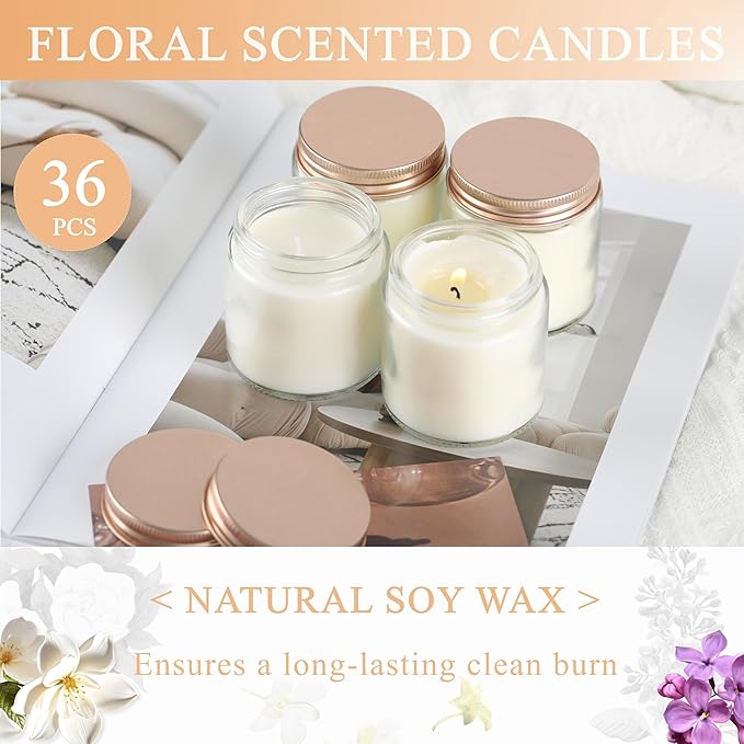 ACITHGL 36 Pcs 4oz Mini Mason Jar Candles Small Scented Candles Bulk Aromatherapy Ideal Souvenir Favors for Wedding Birthday Party (Vanilla, Lilac, Gardenia, Pink)