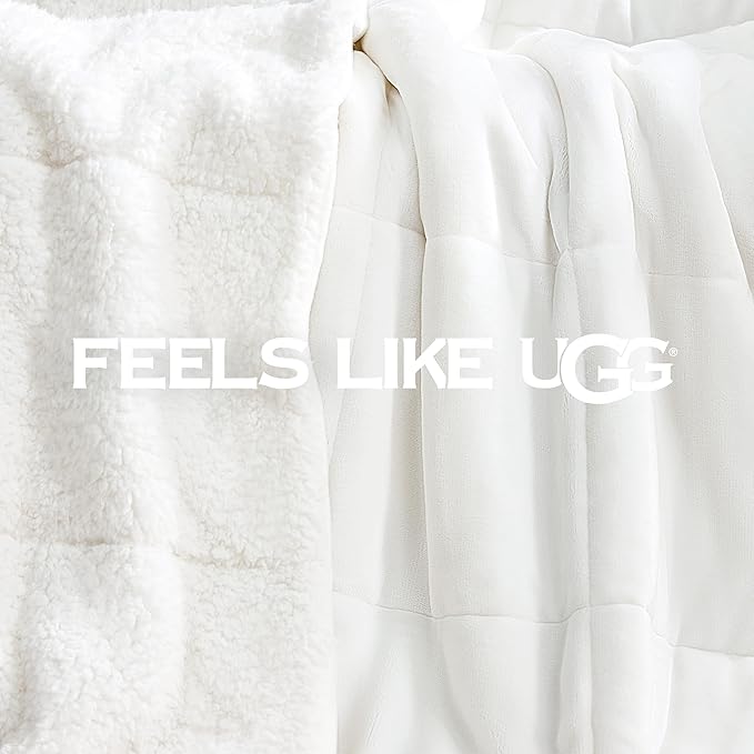 UGG Nita Throw Blanket Soft Reversible Plush Throw for Couch or Bed Washable Warm Fluffy Blanket for College Dorm Essentials and Bedding with Down Alternative Fill, 50-inch x 70-inch, White Snow
