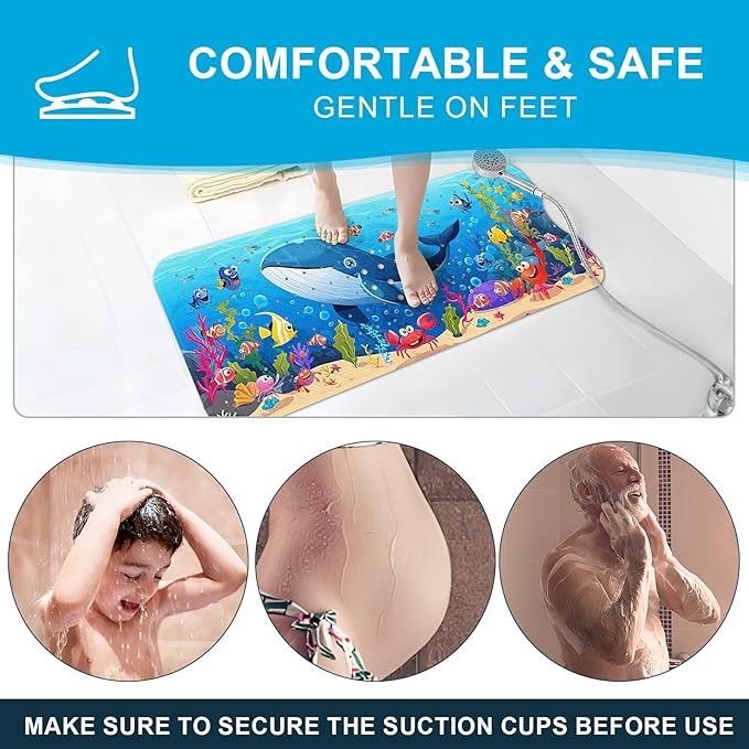 XIYUNTE Baby Bath Mat for Tub Non Slip Kids Bath Mat - 40''x16'' Extra Long Cartoon Whale Baby Bath Tub Mat Eco-Friendly Toddler Bath Mats with Suction Cups & Drain Holes, Easy to Clean & Easy Drying