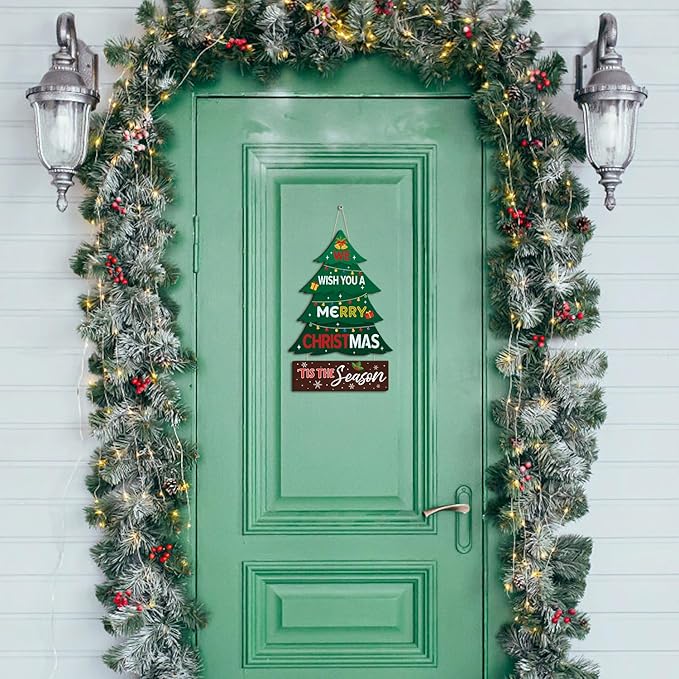 CHDITB Merry Christmas Tree Wooden Sign, We Wish You A Merry Christmas Wood Hanging Plaque, Holiday Xmas Front Door Sign, Rustic Festive Wall Hanger Xmas Wall Decor for Outdoor Porch Yard Home Decor