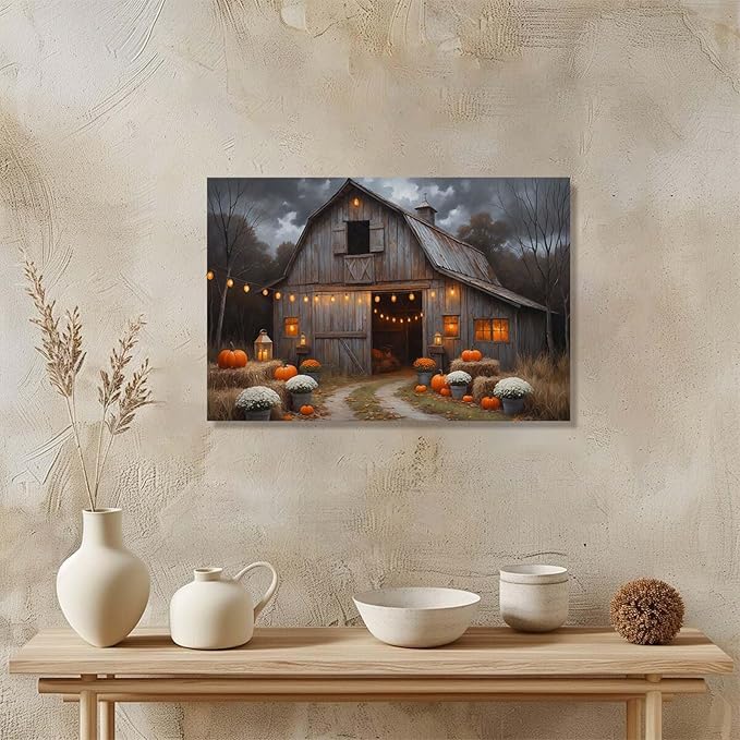 Vintage pumpkin hydrangea barn print abstract nature country artwork home decor farmhouse canvas poster28x40in(70x100cm)- Unframed