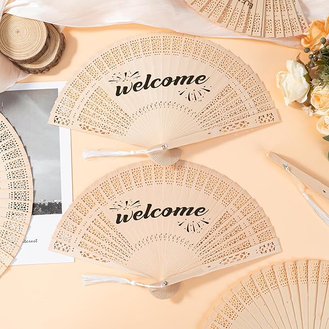 50 Pcs Wedding Fans Engraved Wooden Folding Hand Fans with Organza Bags, Wedding Party Favors for Guests, Bridal Shower & Summer Outdoor Ceremony (Style5,50)