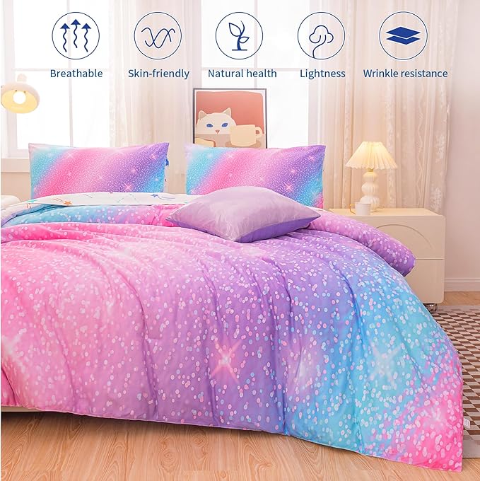 Rainbow Bedding Set Queen Size – 6-Piece Reversible Girls Comforter with Deep-Pocket Sheet, Gradient Galaxy Design, Whole-Piece Filling, Machine Washable Bed-in-a-Bag for Kids Room Makeover & Gifts