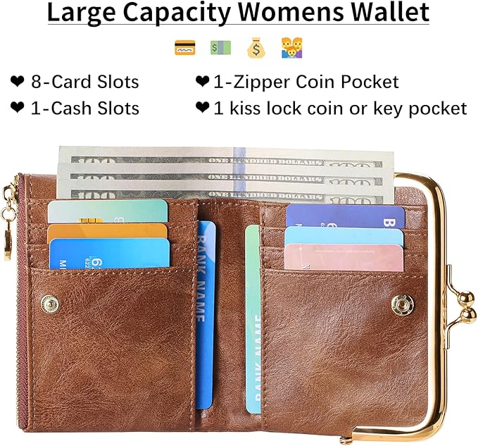 Wallet Women Small RFID Blocking Bifold Leather Wallets for Women Vintage Coin Purse With Zipper and Kiss Lock