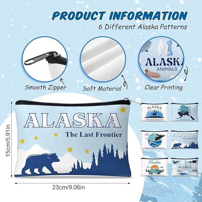Reginary 6 Pcs City Cosmetic Bag Souvenir Gifts New York Zipper Pouch Chicago Souvenir Seattle Boston Nashville London Paris Italy Alaska Gifts Memento for Women Traveler(Alaska)