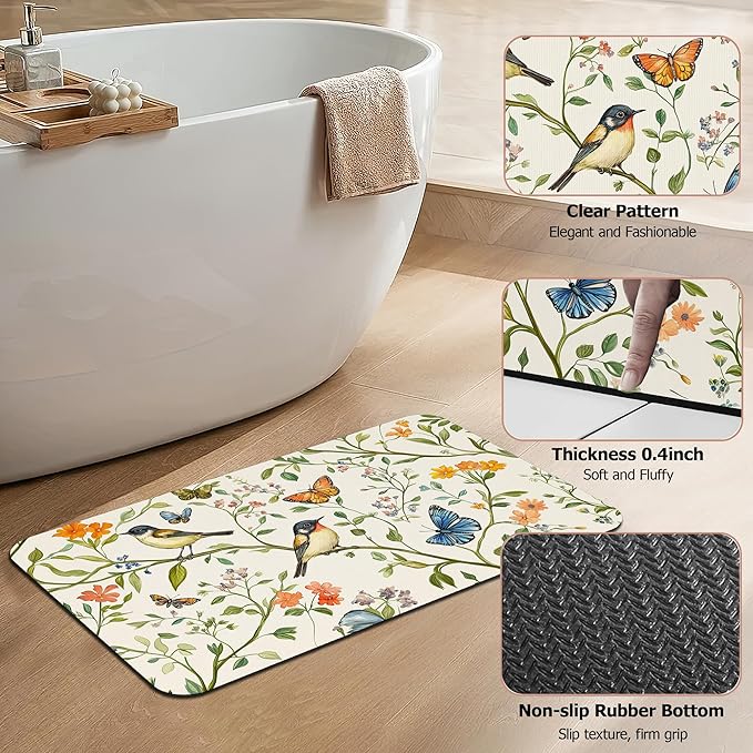 Diatomaceous Earth Bath Mat,Watercolor Birds Butterfly Bath Rugs,Non-Slip Thin Absorbent Fast Drying Easy to Clean for Bathroom Laundry Home Kitchen Door Mat 17x29.5Inch