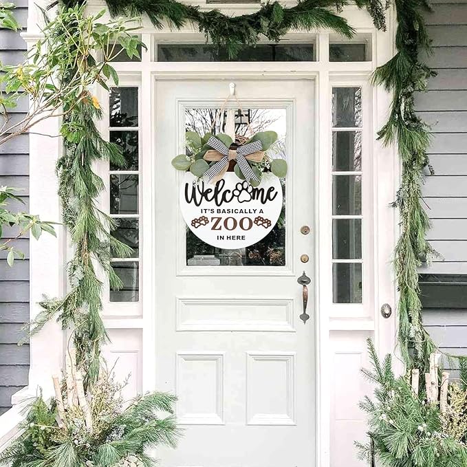 TOARTi 3D Rustic Front Door Welcome Sign Hanging with Bow-Knot Wreath, It's Basically A Zoo in Here Funny Home Porch Wall Decoration, Cute Dog Paws Pet House Decor for Pet Lover Owner Gift