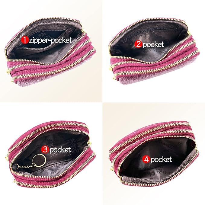 LINNO 3 Zippered Genuine Leather Coin Purse Triple Capacity Change Pouch Little Travel Wallet With Key Ring for Women