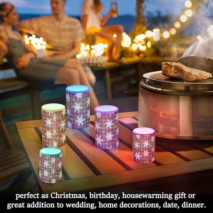 ALAZA Christmas Snowflakes Red Black Buffalo Plaid Flickering Flameless Candles Battery Operated with Remote Timer,Tea Light Candles LED Pillar Votive Candles Set of 2 for Outdoor Indoor Decorations