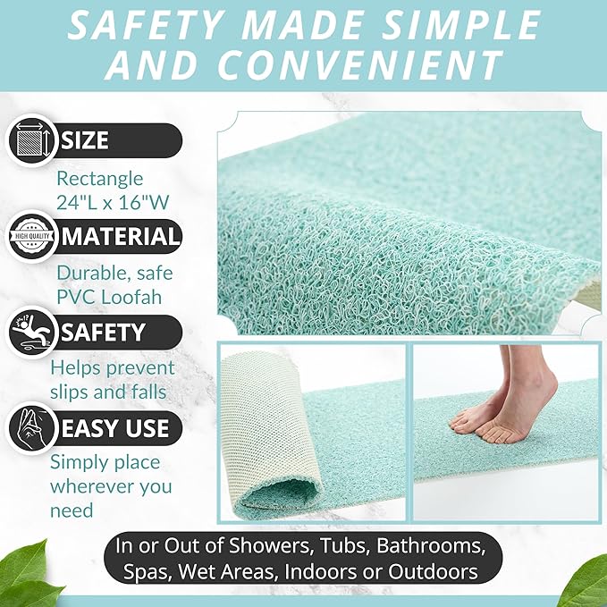 ENKOSI Loofah Non-Slip Shower and Bath Mat - Soft Cushioned Comfort - No Suction Cups for Smooth or Textured Tubs - Fast Draining - Safety for Bathroom, Family, Kids, and Elderly (24x16 Aqua Green)