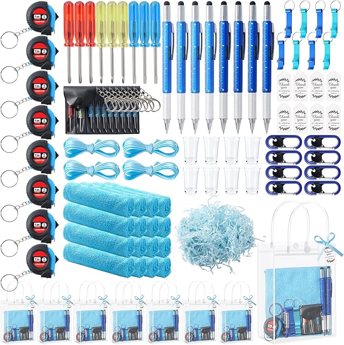 85Pcs Baby Shower Prizes for Men, 8 Sets Winner Gifts with Multi-Tool Pen, Screwdriver, Tape Measure, Bottle Opener, Keychain, Cleaning Cloth & Gift Bags for Winner Bachelor Party Favors (85)