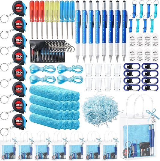 85Pcs Baby Shower Prizes for Men, 8 Sets Winner Gifts with Multi-Tool Pen, Screwdriver, Tape Measure, Bottle Opener, Keychain, Cleaning Cloth & Gift Bags for Winner Bachelor Party Favors (85)