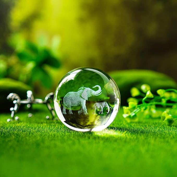 ZEERSHEE 60mm 3D Glass Laser Engraved Mother Son Elephants Crystal Ball with Stand Decorative Sphere Elephant Gifts for Women