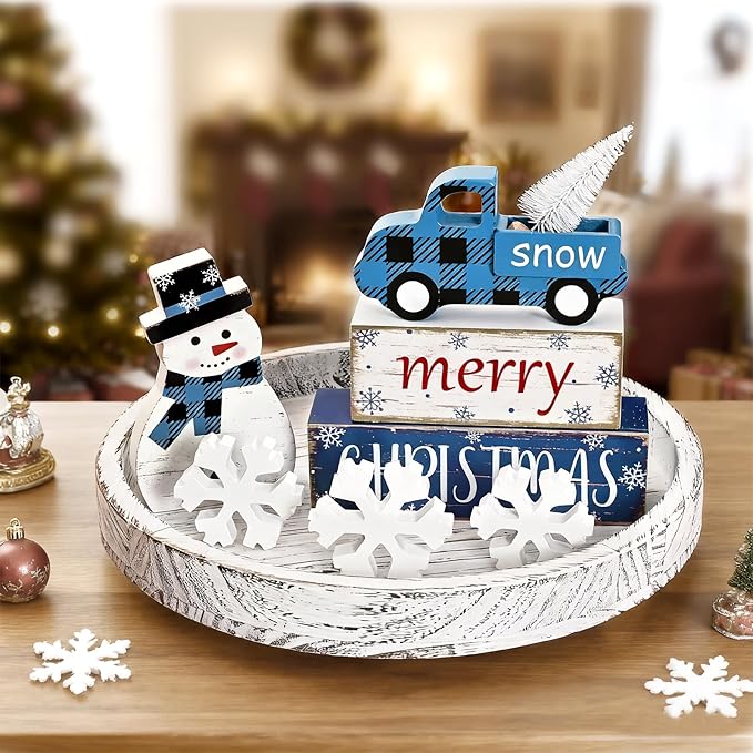 Yinhua Christmas Decorations Indoor, Christmas Table Decor, Blue Truck Snowman Decorations with Xmas Tree & Snowflakes, Farmhouse Wooden Block Sign, Xmas Mantel Decor for Tiered Tray, Desk, Bookshelf