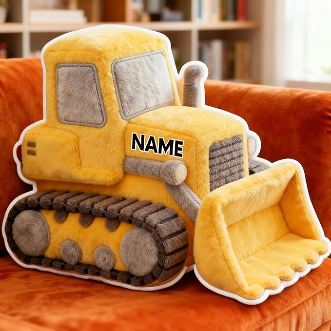 Personalized Bulldozer Shaped Pillow, Custom Name Plush Stuffed Pillows for Kids, Suitable for Beds, Sofas, Bedrooms, Living Rooms Custom Decorative Cushion Gifts for Birthday and Anniversary