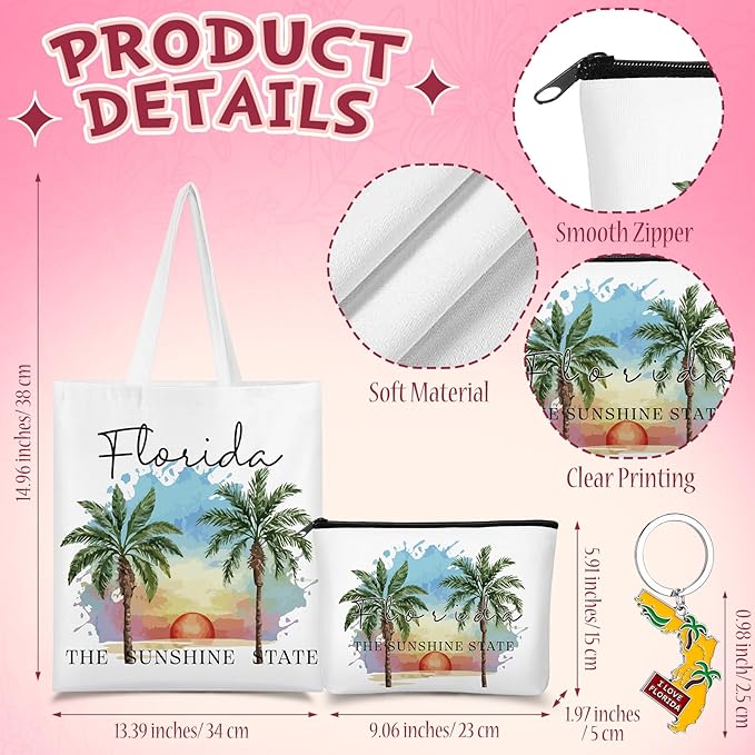 Chuangdi 4 Pcs Florida Travel Gifts Set Canvas Bag Cosmetic bag 16 oz Tumbler and Keychain Florida City Souvenirs for Christmas Traveler Friend Lover Sister Gifts