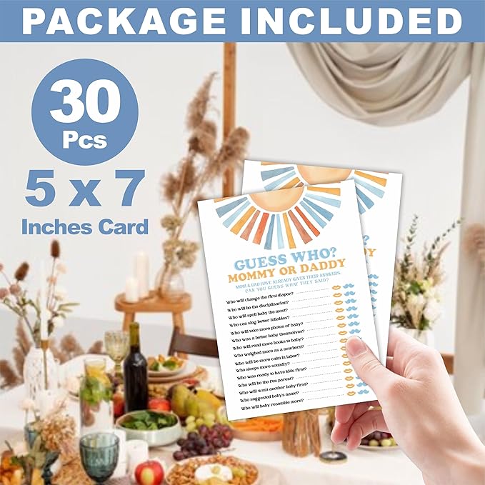 Sunshine Guess Who Baby Shower Game Kit - Retro Here Comes The Sun - 30 Double-Sided Fill In Game Cards For Baby Shower, Gender Reveal Party Favor, Activity & Supplies - D04