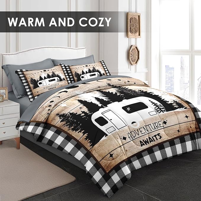 Comforter Set Queen Size, Camper Rv Camping 7 Pcs Bedding for Kids and Adults, Car Bed Sheet Sets with Fitted Sheet 2 Pillowcases & 2 Shams for Bedroom Bed Decor