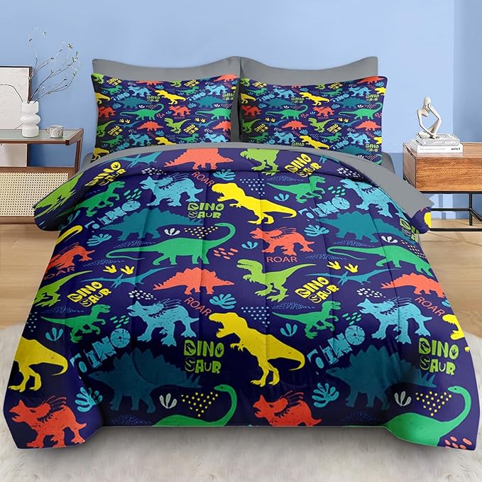Comforter Set Queen Size, Dinosaur Shark Vintage 7 Pcs Bedding for Kids and Adults, Tropical Dino Bed Sheet Sets with Fitted Sheet 2 Pillowcase & 2 Sham for Bedroom Bed Decor