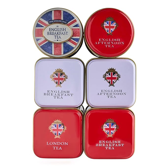 New English Teas British Icons 6x Tea Tin Gift Pack with 5 oz Loose English Tea - Union Jack, London Bus and Phone Box, UK Souvenir